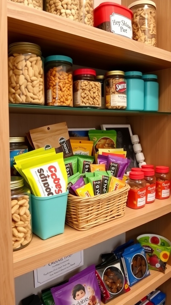 An organized snack shelf with clear jars of nuts, a basket of granola bars, and colorful containers of dried fruits and chocolates.